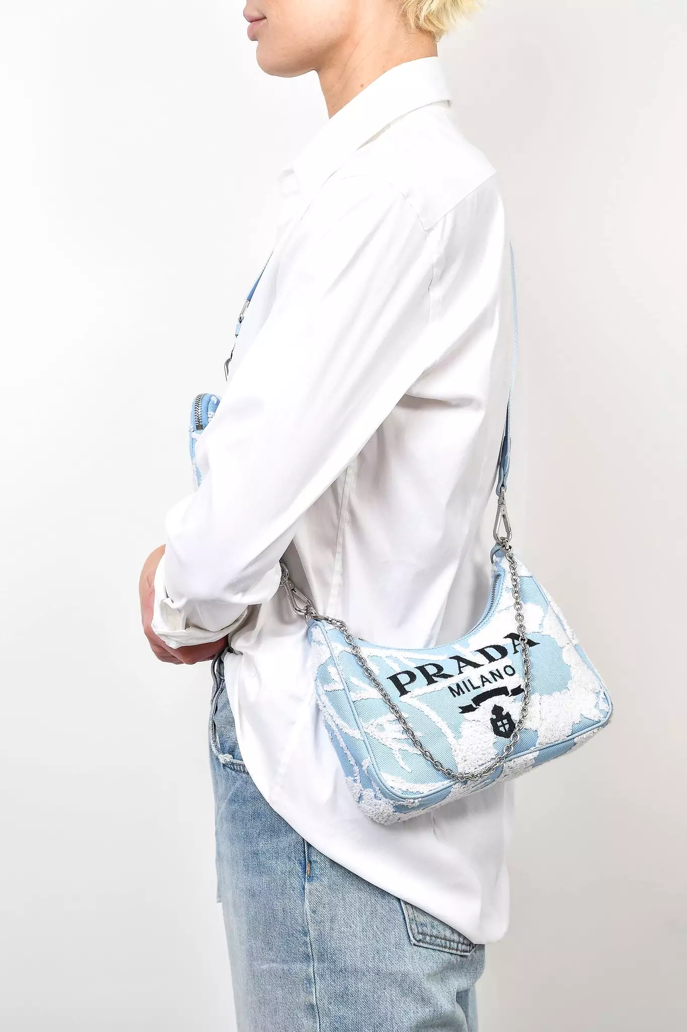 Prada Blue Embroidered Drill Re-Edition 2005 Shoulder Bag