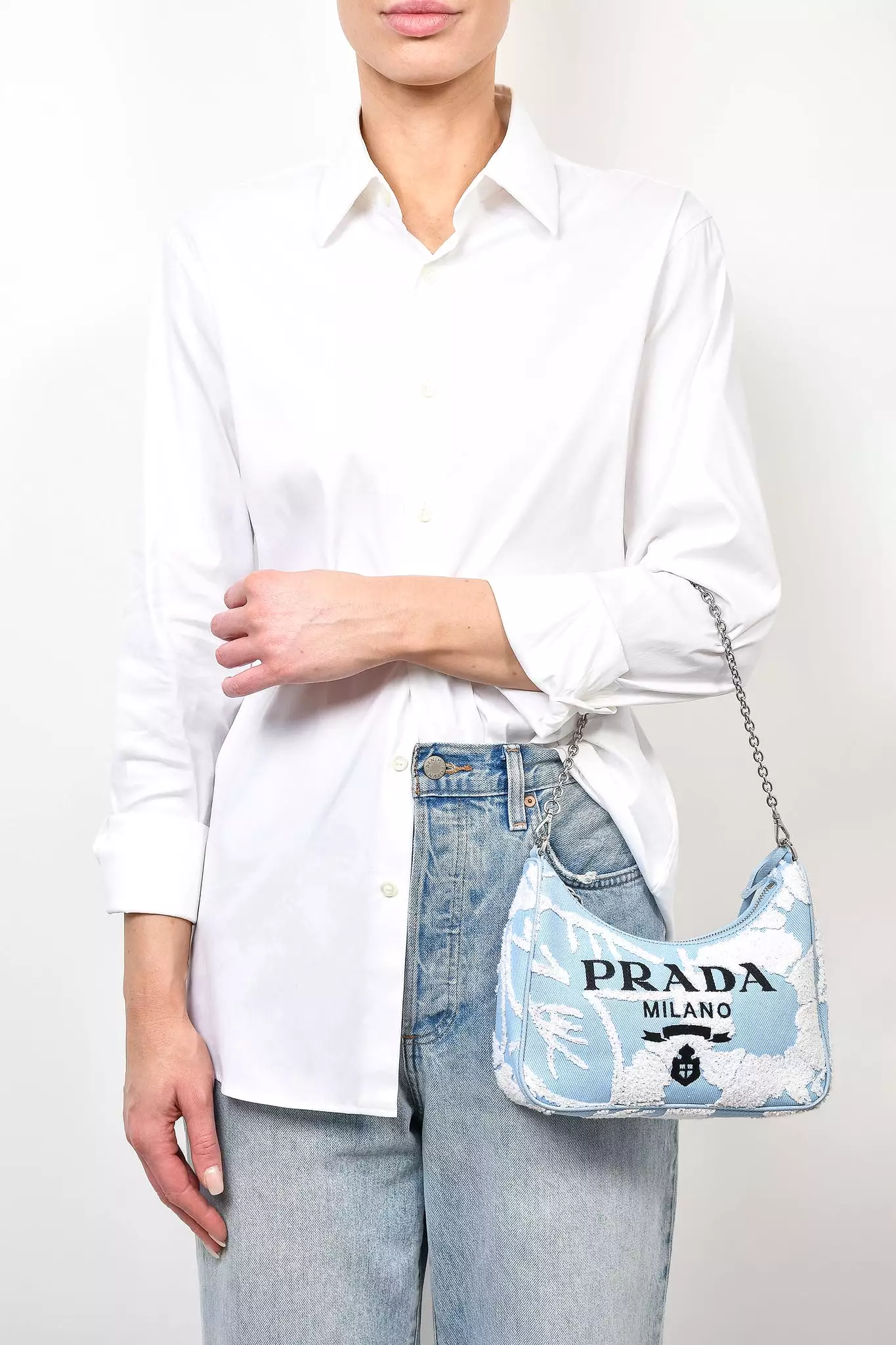 Prada Blue Embroidered Drill Re-Edition 2005 Shoulder Bag