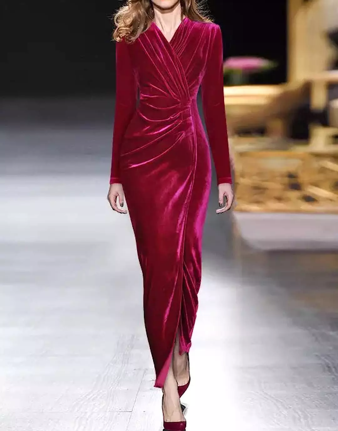 Red Velvet Ruched Long Dress