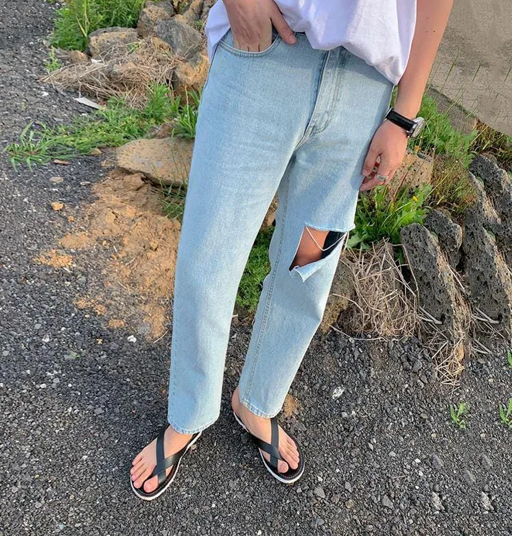 RT No. 4468 LIGHT BLUE RIPPED STRAIGHT JEANS