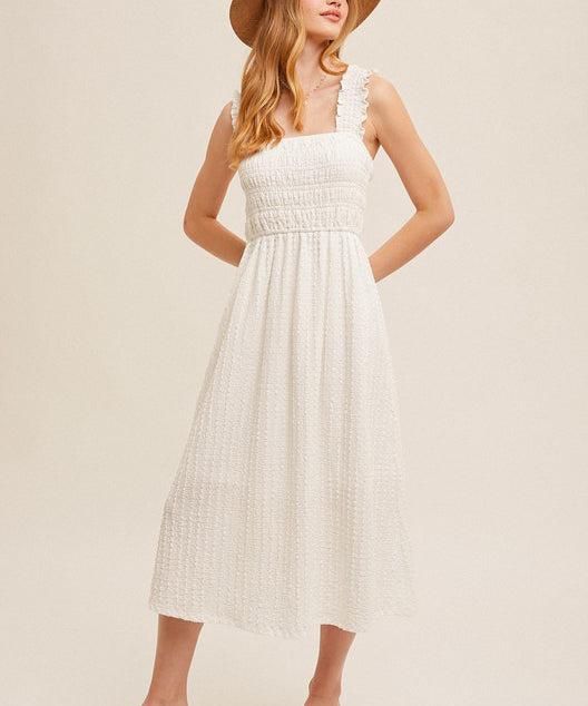 Ruffle Strap Smocked Midi Dress - Ecru