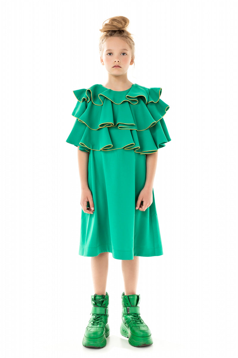 RUFFLE WITH PIPING YOKE GREEN DRESS