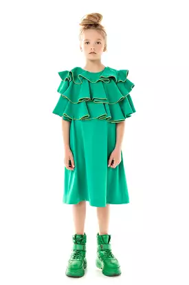 RUFFLE WITH PIPING YOKE GREEN DRESS