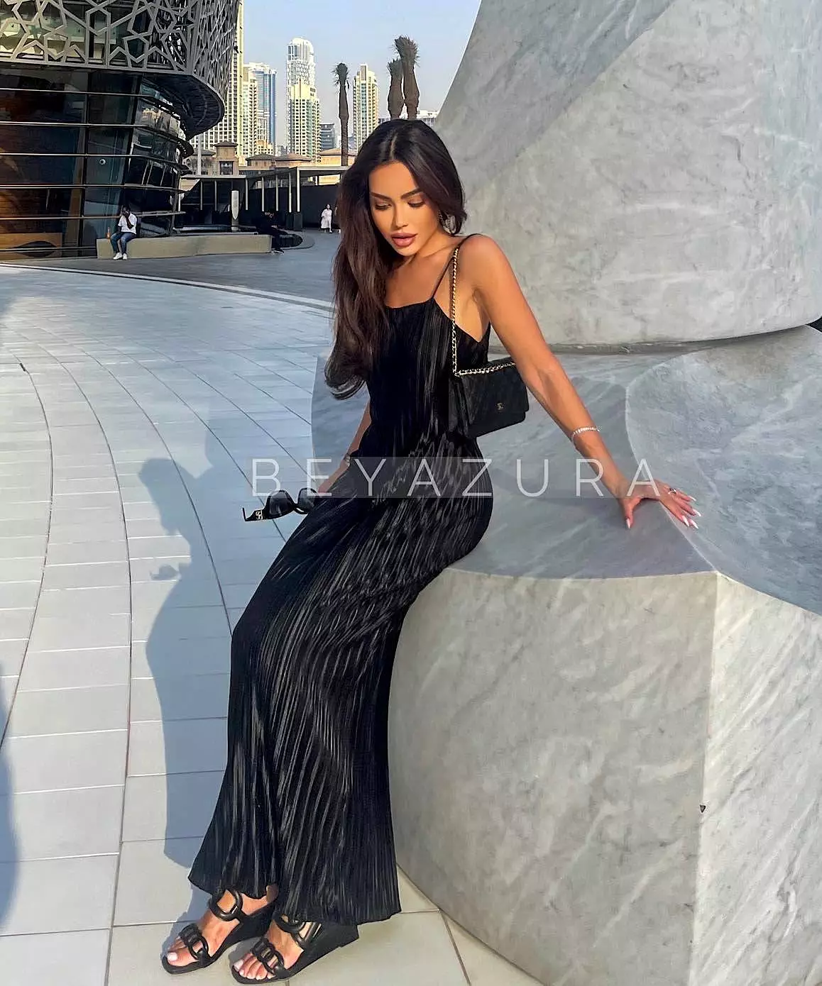 Satin Pleated Long Dress In Black