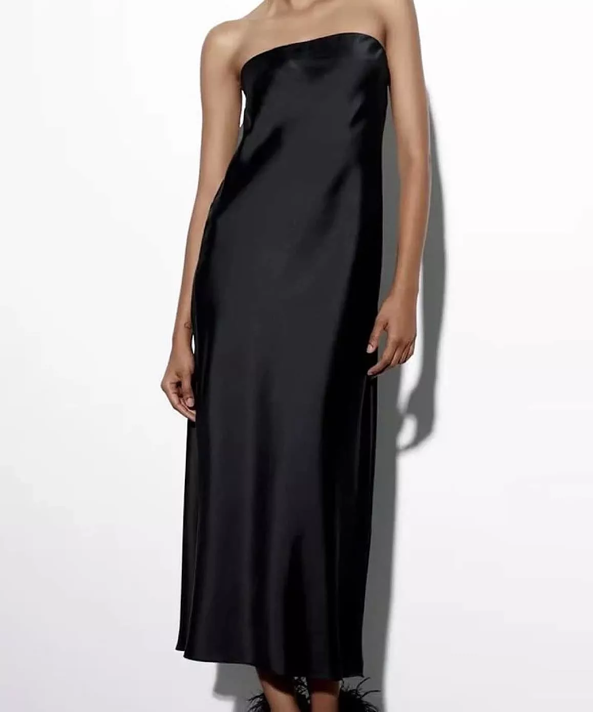 Satin Strapless Long Dress In Black