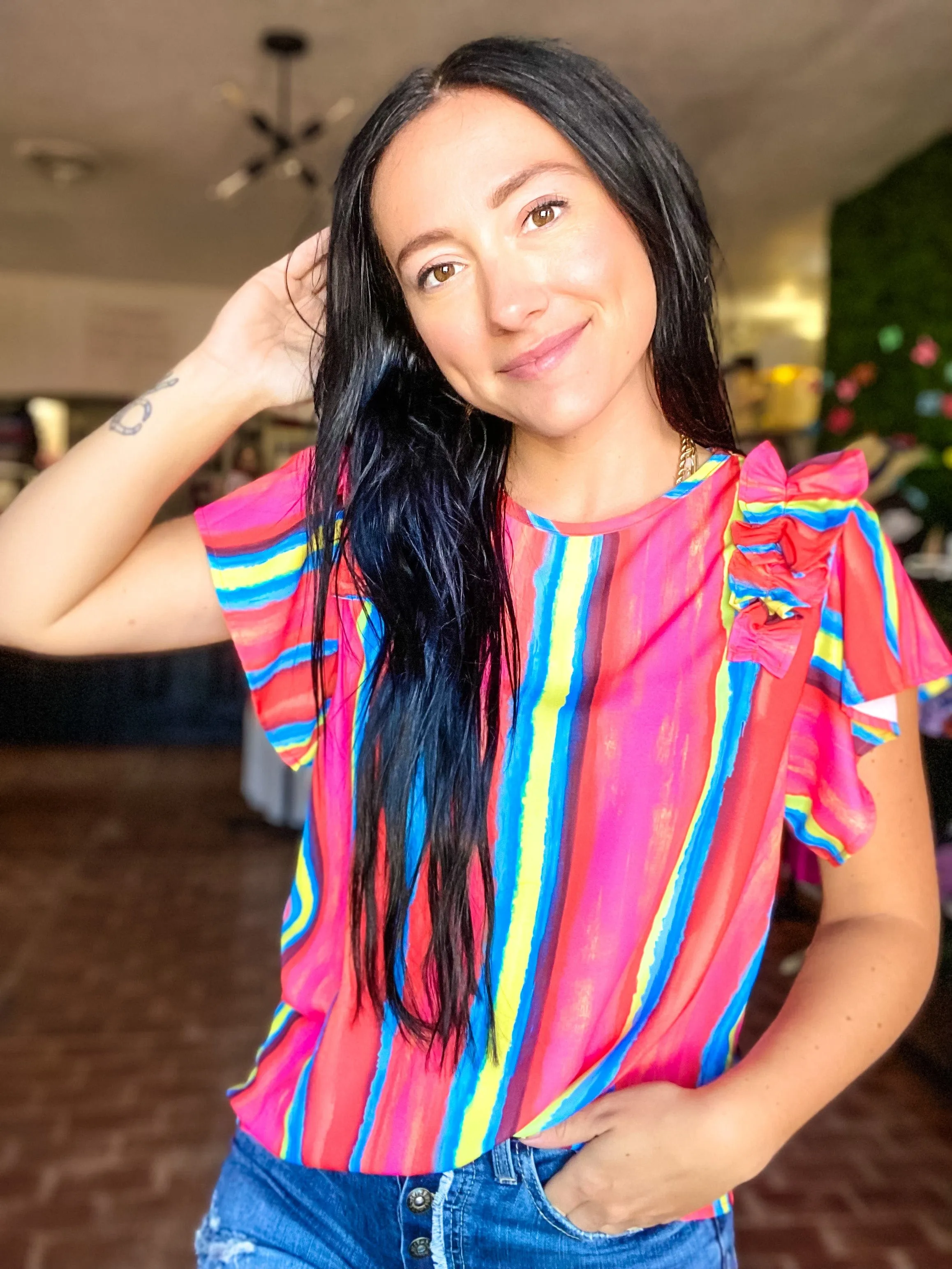 Serape Ruffle Sleeve Top