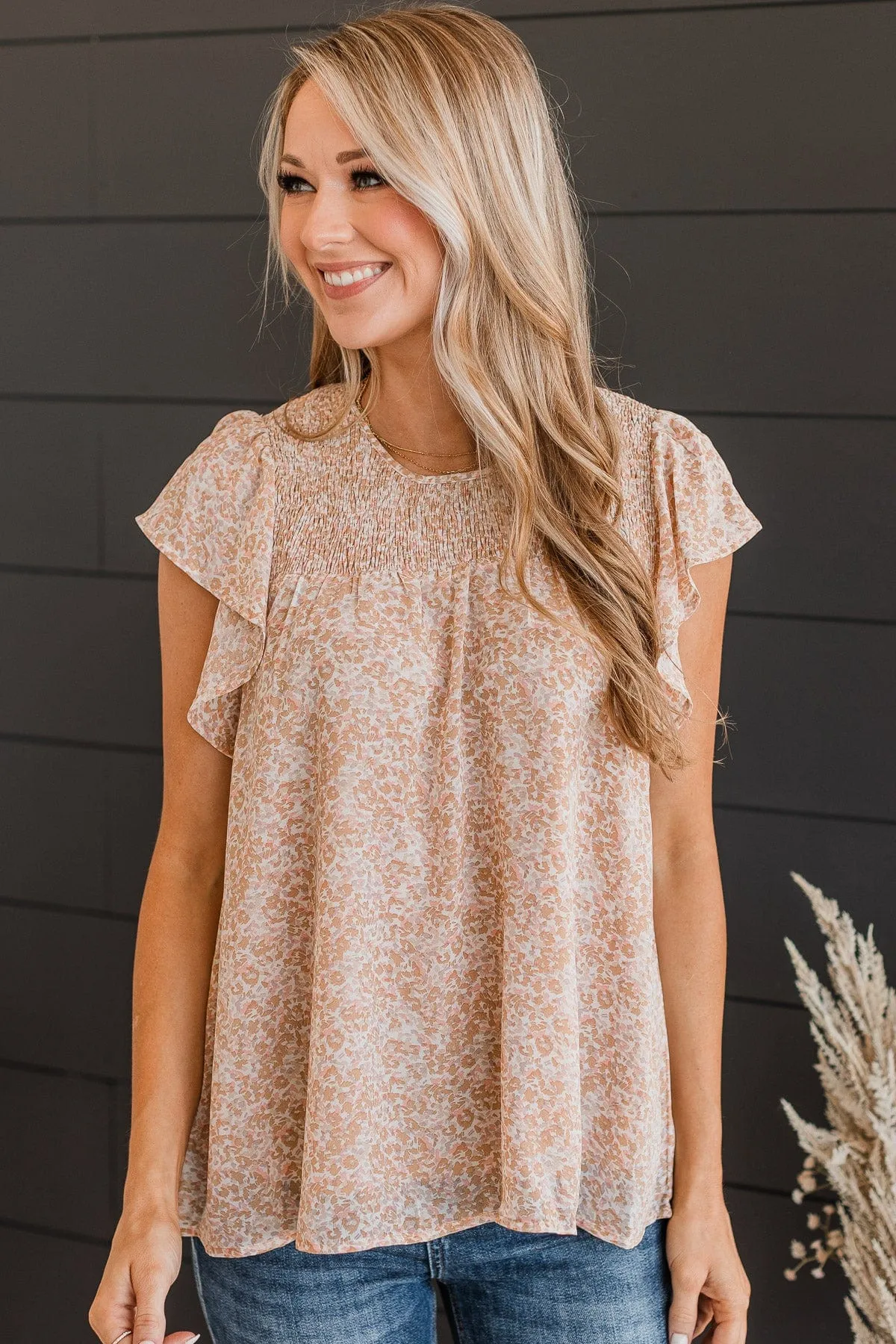 Sign Me Up Smocked Blouse- Caramel & Pink