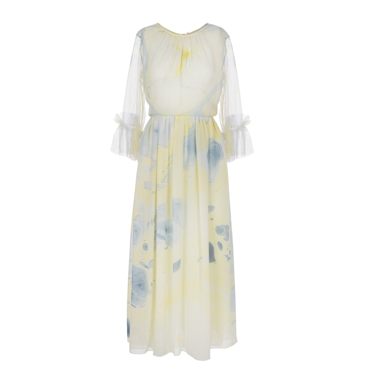 Silk Hand Marbled Gather Dress - Yellow & Blue