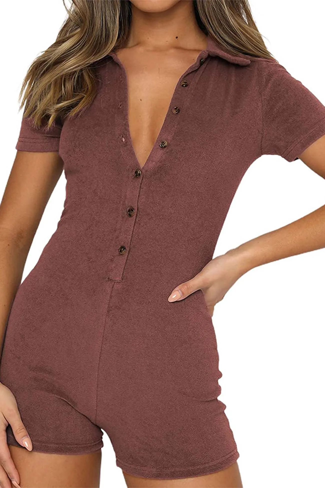 Solid Color Button Lapel Short Sleeve Rompers