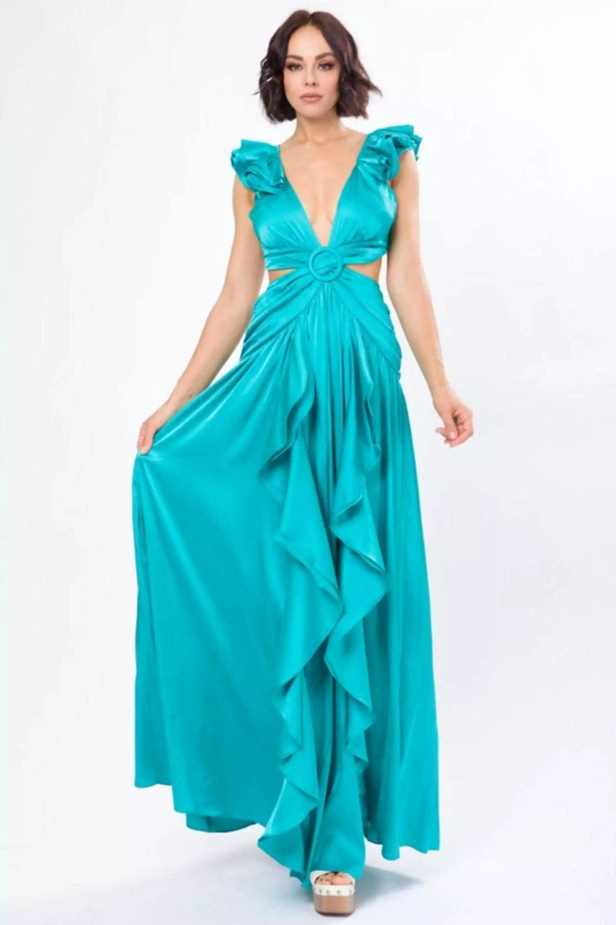 SOLID SATIN RUFFLE SLEEVE GOWN MAXI DRESS