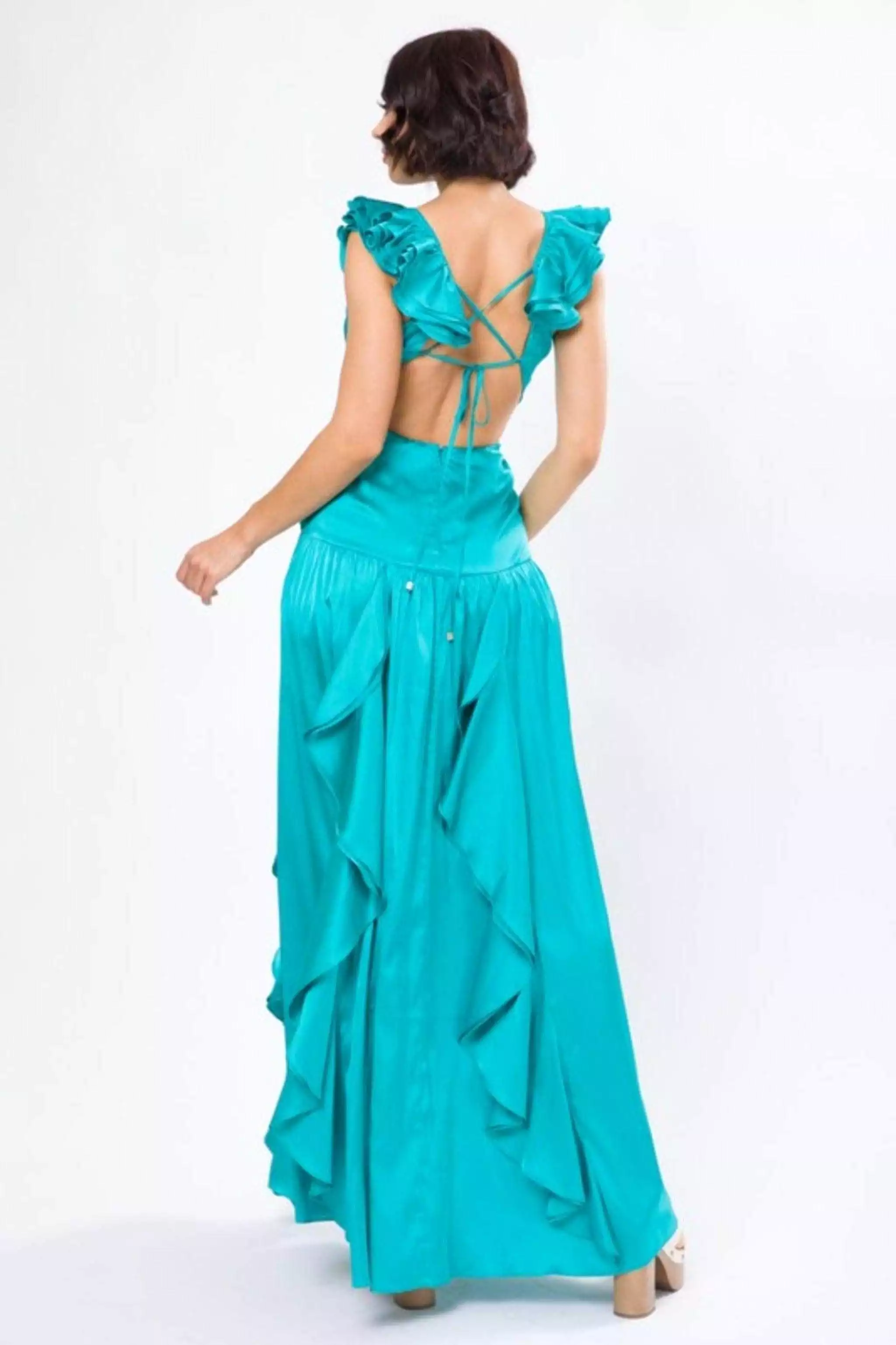 SOLID SATIN RUFFLE SLEEVE GOWN MAXI DRESS