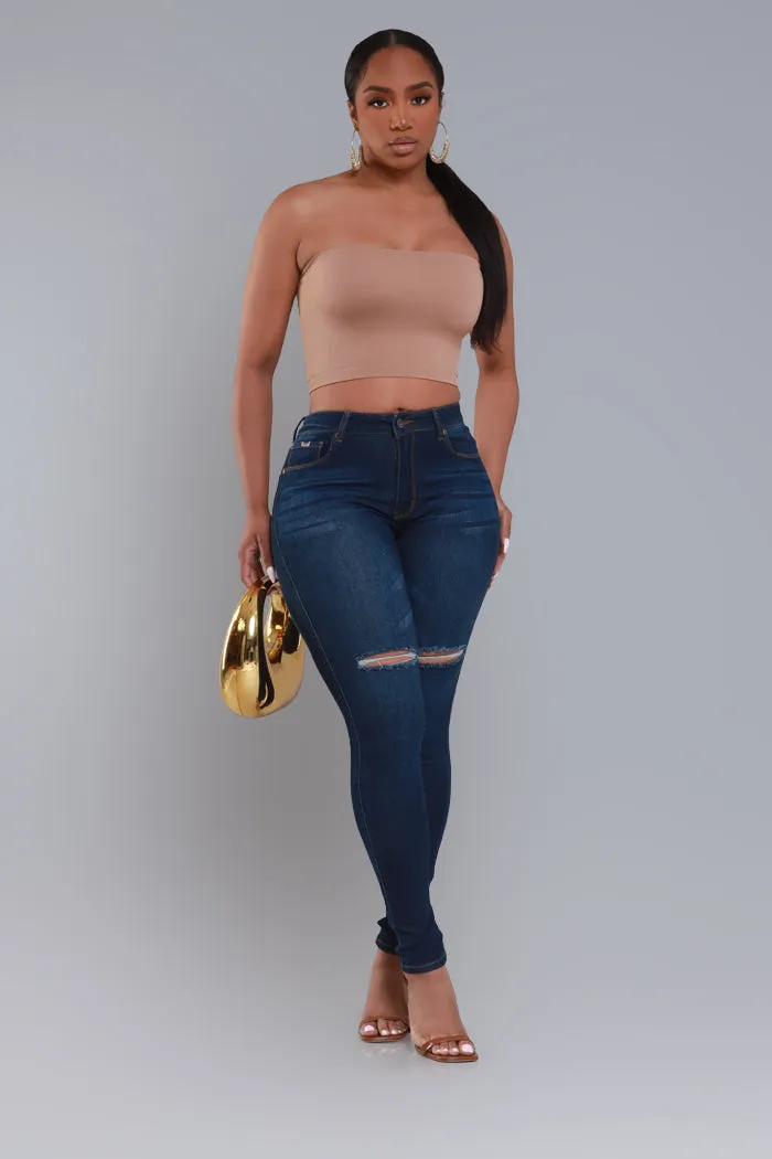 Steal The Show Hourglass High Rise Ripped Stretchy Jeans - Dark Wash