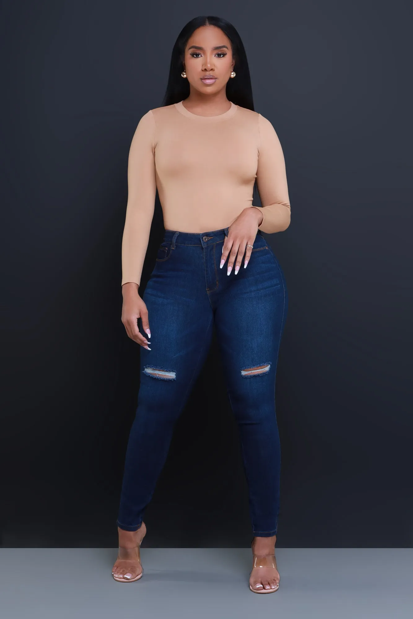 Steal The Show Hourglass High Rise Ripped Stretchy Jeans - Dark Wash