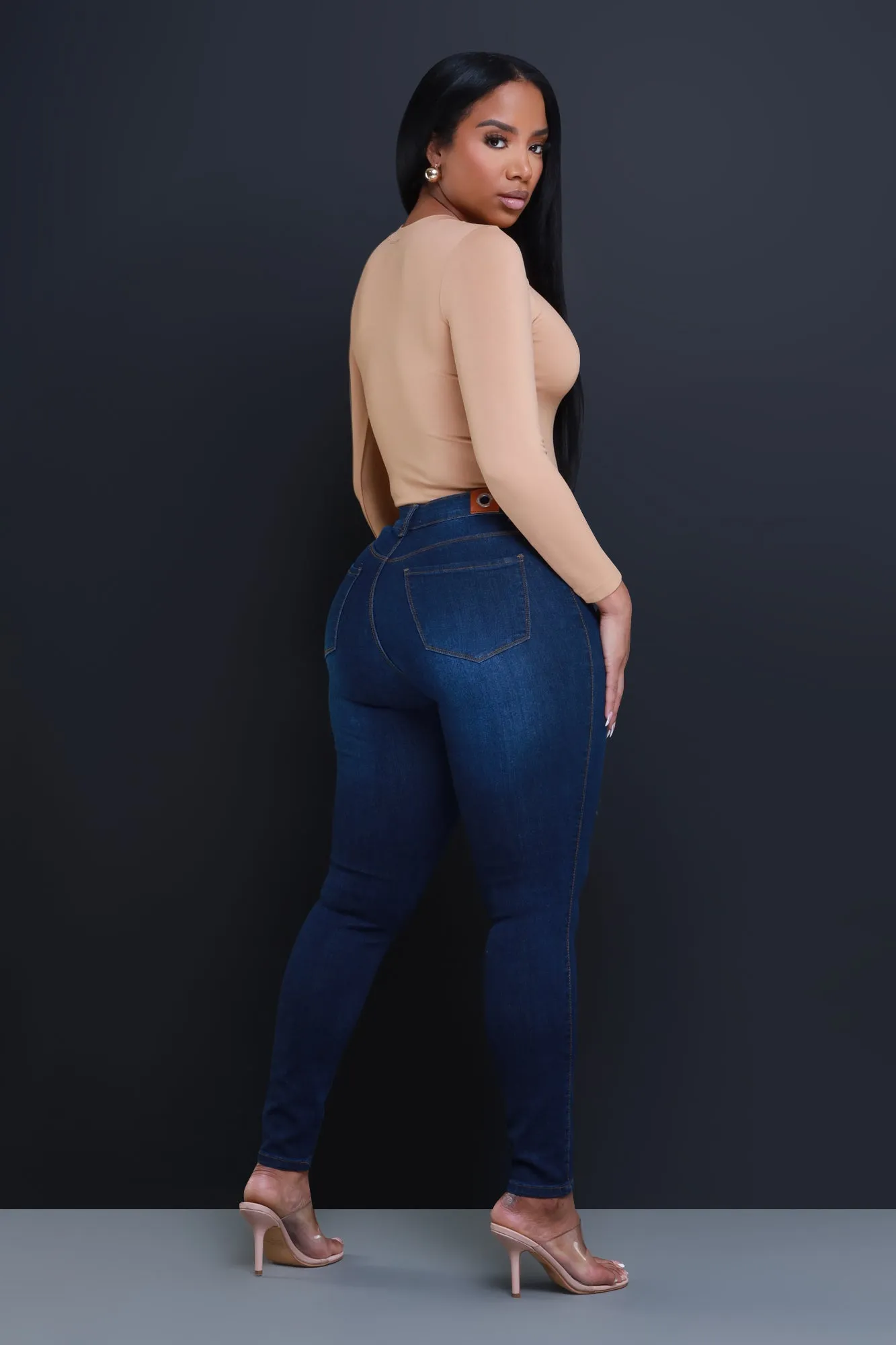 Steal The Show Hourglass High Rise Ripped Stretchy Jeans - Dark Wash