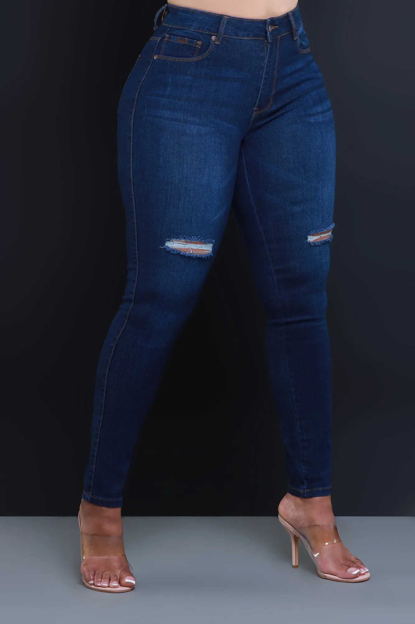 Steal The Show Hourglass High Rise Ripped Stretchy Jeans - Dark Wash