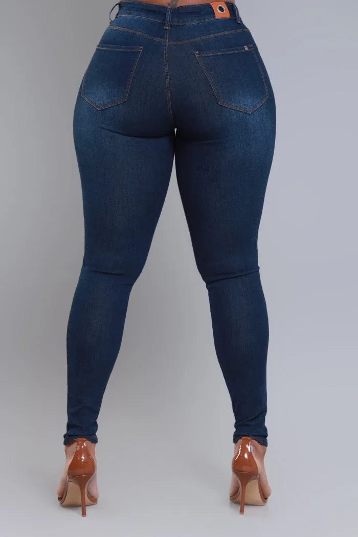 Steal The Show Hourglass High Rise Ripped Stretchy Jeans - Dark Wash