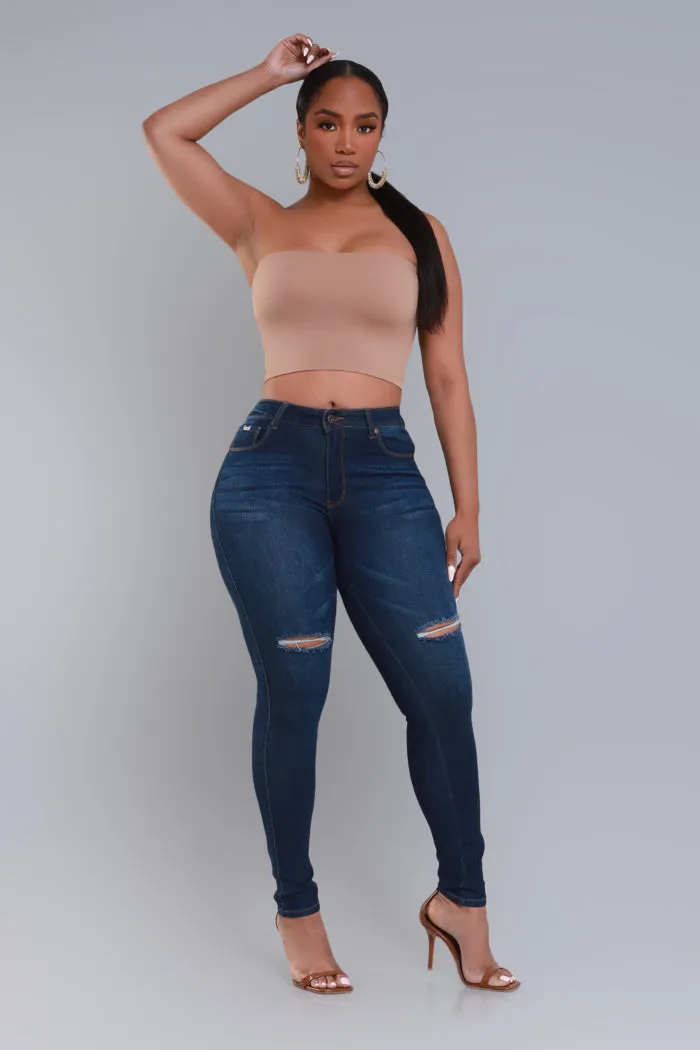 Steal The Show Hourglass High Rise Ripped Stretchy Jeans - Dark Wash