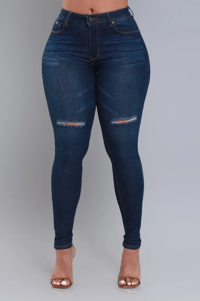 Steal The Show Hourglass High Rise Ripped Stretchy Jeans - Dark Wash