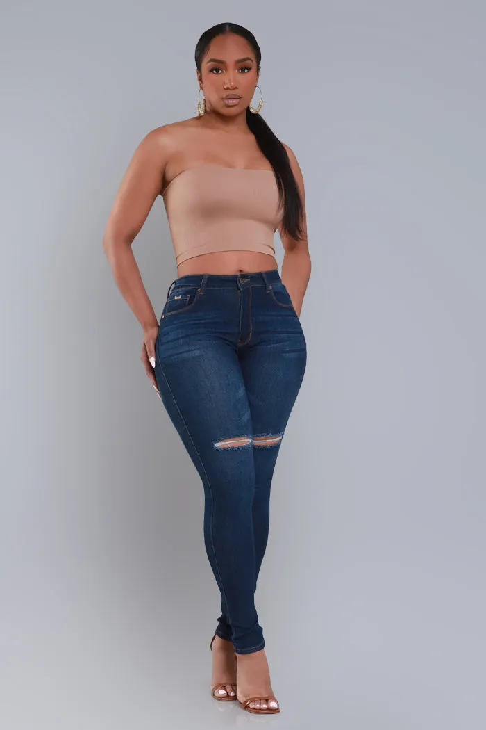 Steal The Show Hourglass High Rise Ripped Stretchy Jeans - Dark Wash