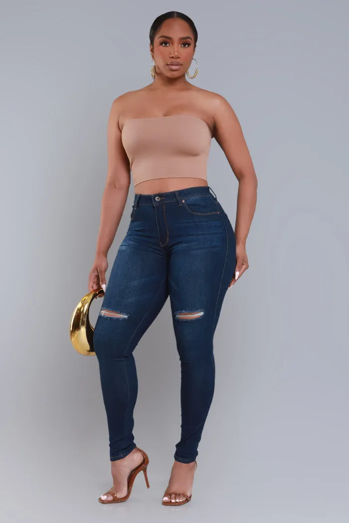 Steal The Show Hourglass High Rise Ripped Stretchy Jeans - Dark Wash