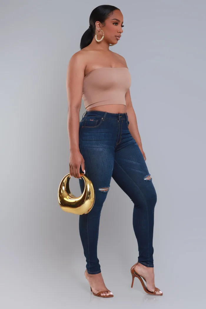 Steal The Show Hourglass High Rise Ripped Stretchy Jeans - Dark Wash