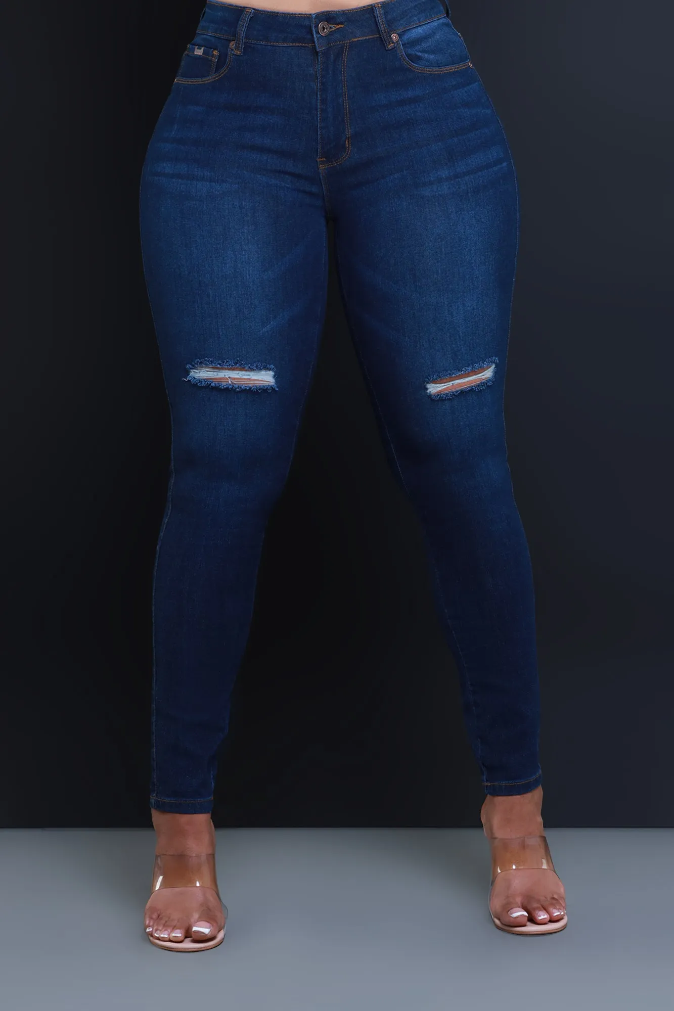 Steal The Show Hourglass High Rise Ripped Stretchy Jeans - Dark Wash