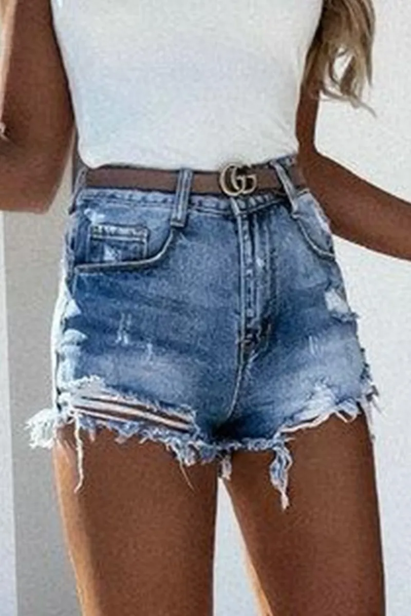 Street Solid Tassel Ripped Mid Waist Denim Shorts