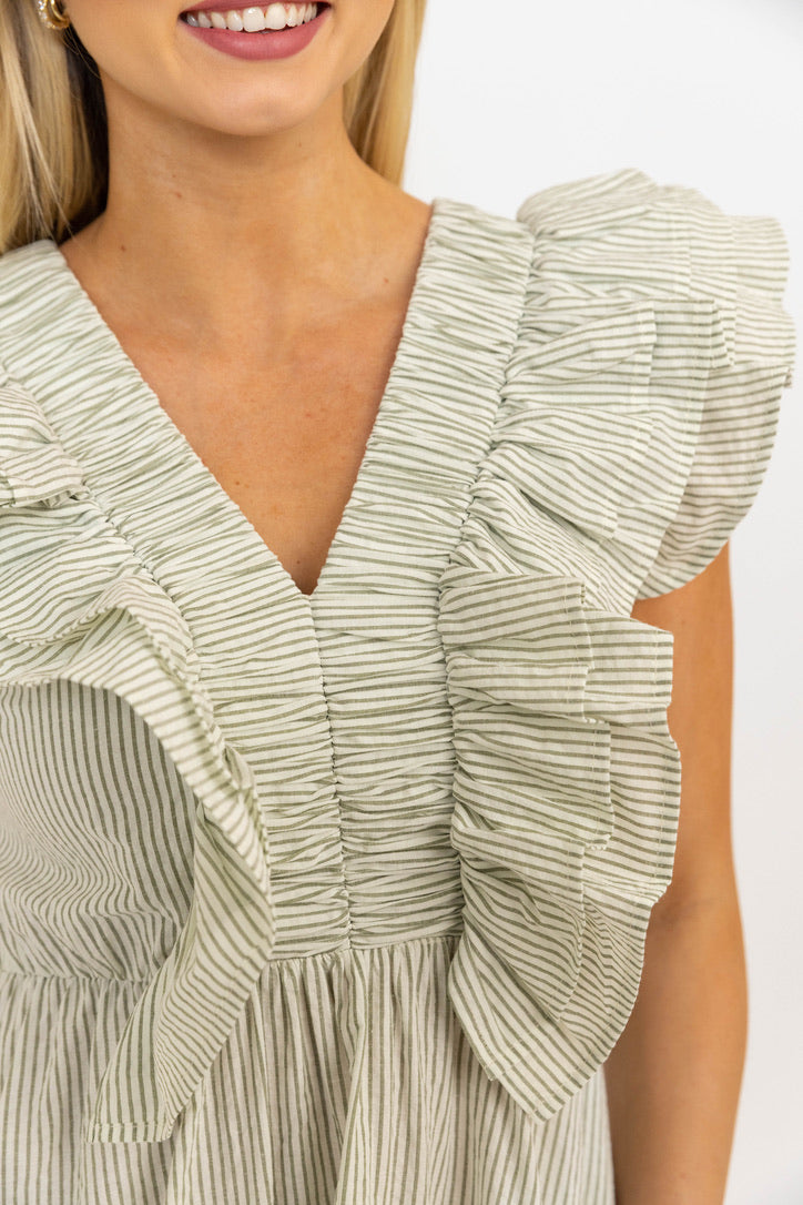 Stripe Seersucker Ruffle Smock Dress