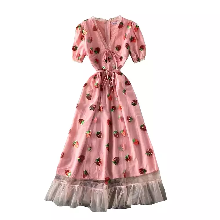 SWEET STRAWBERRY V-COLLAR DRESS BY50035