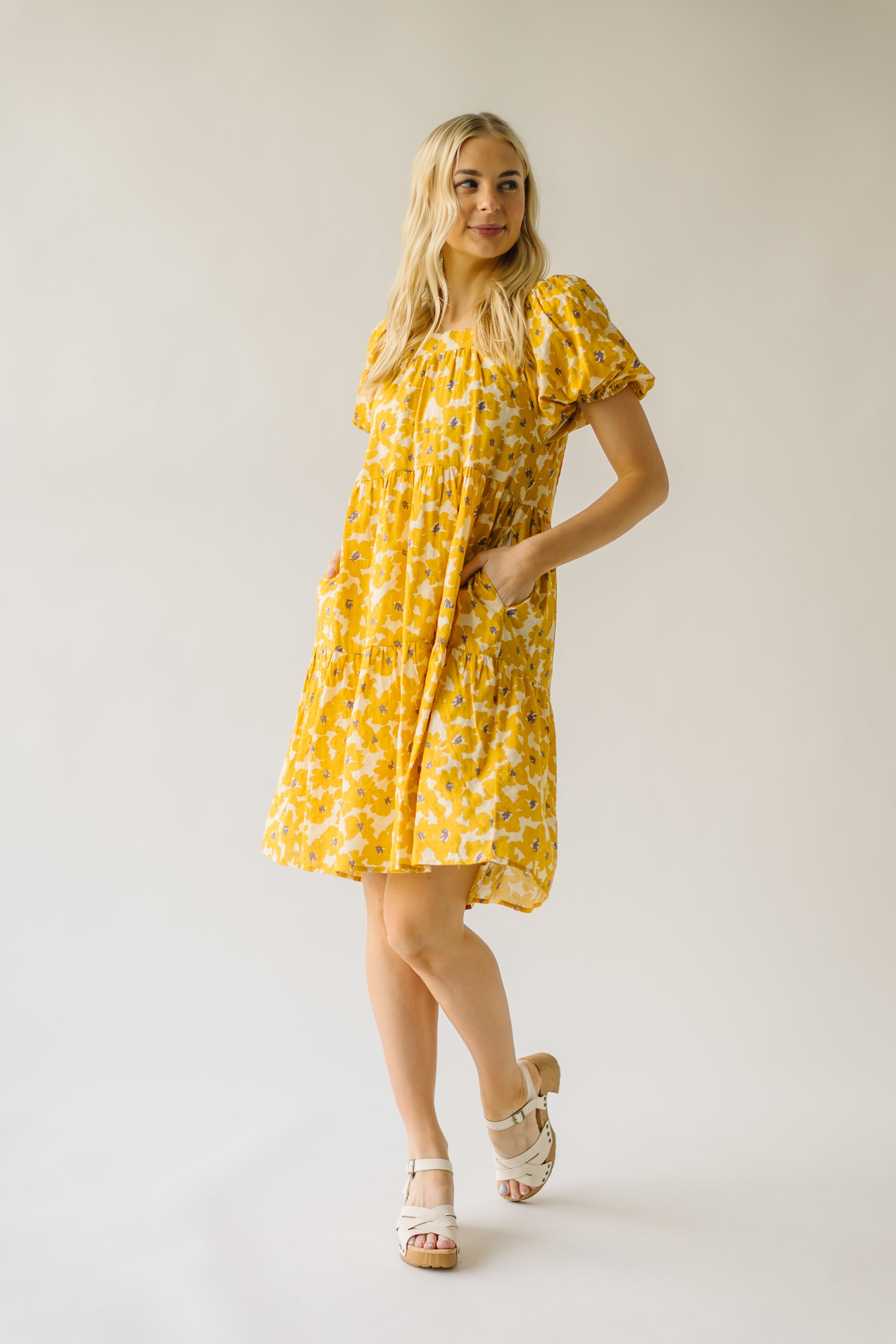 The Burwell Tiered Midi Dress in Mustard Floral