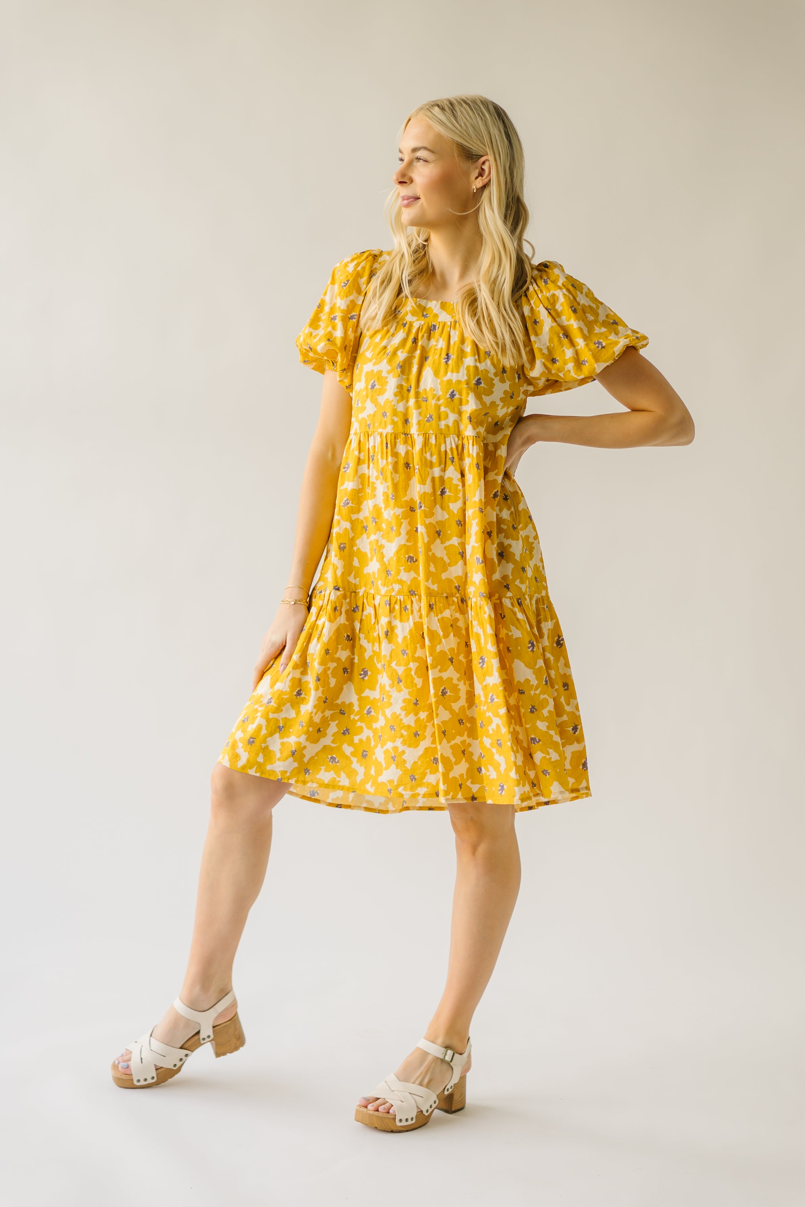 The Burwell Tiered Midi Dress in Mustard Floral