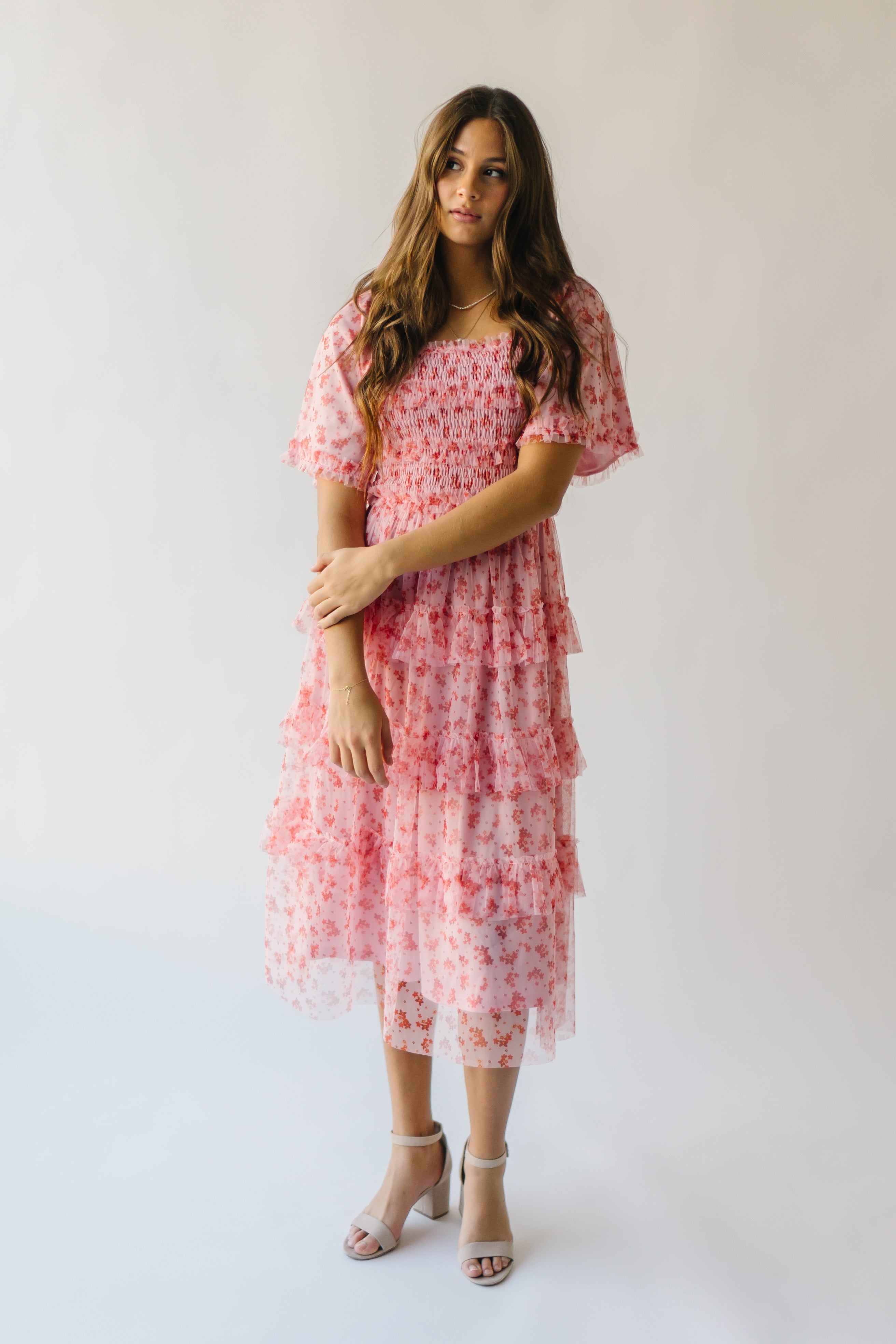 The Evin Floral Tiered Midi Dress in Pink Multi