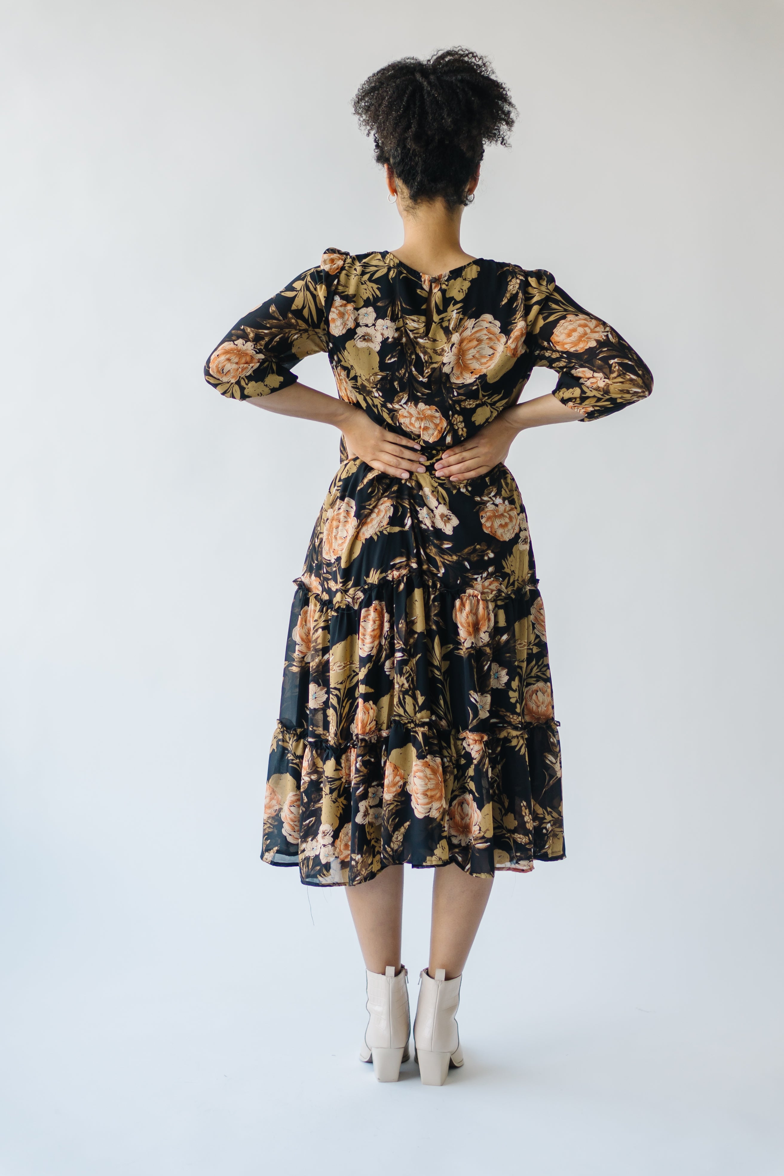 The Kibbie Tiered Midi Dress in Black Floral