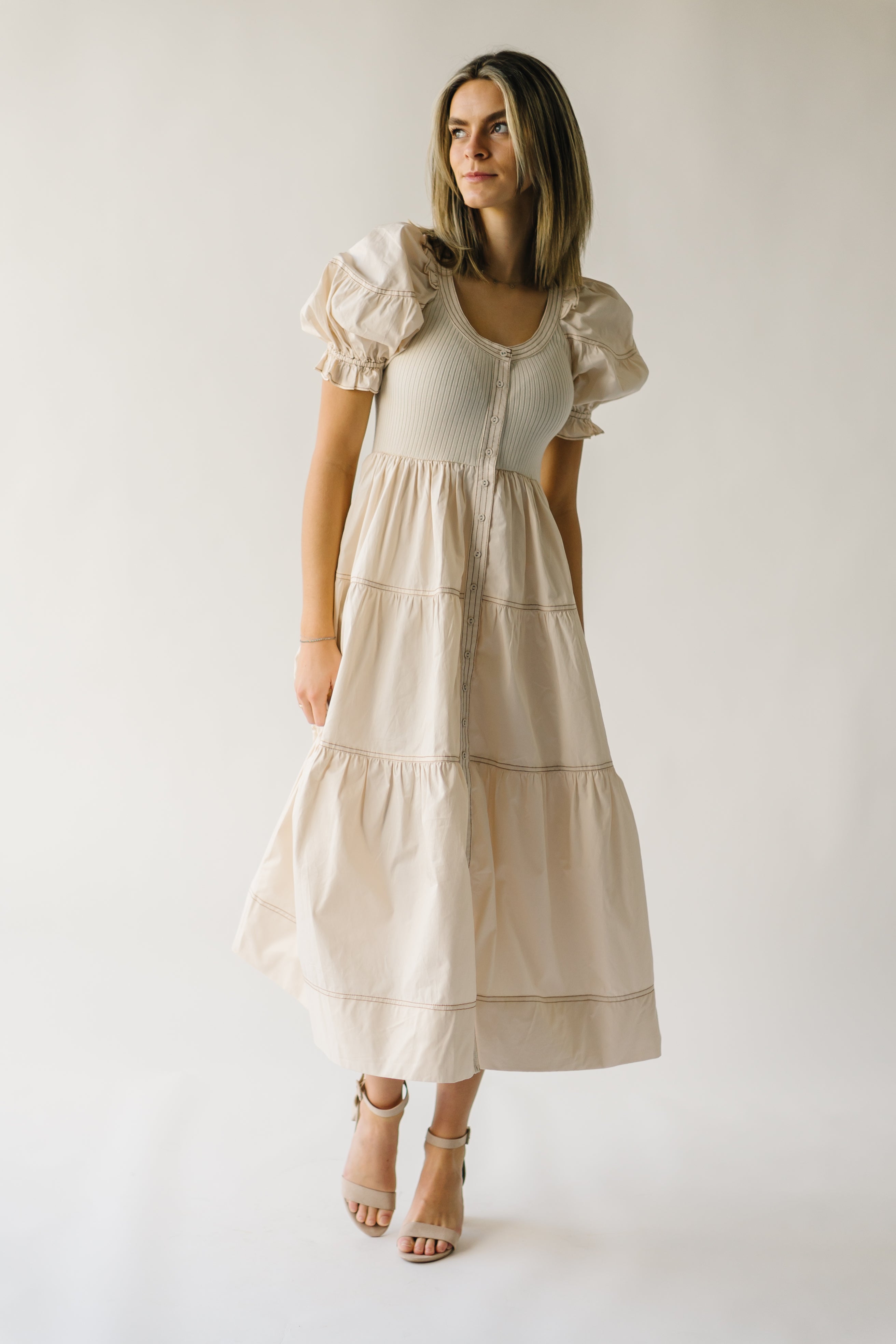 The Kora Tiered Ruffle Midi Dress in Natural