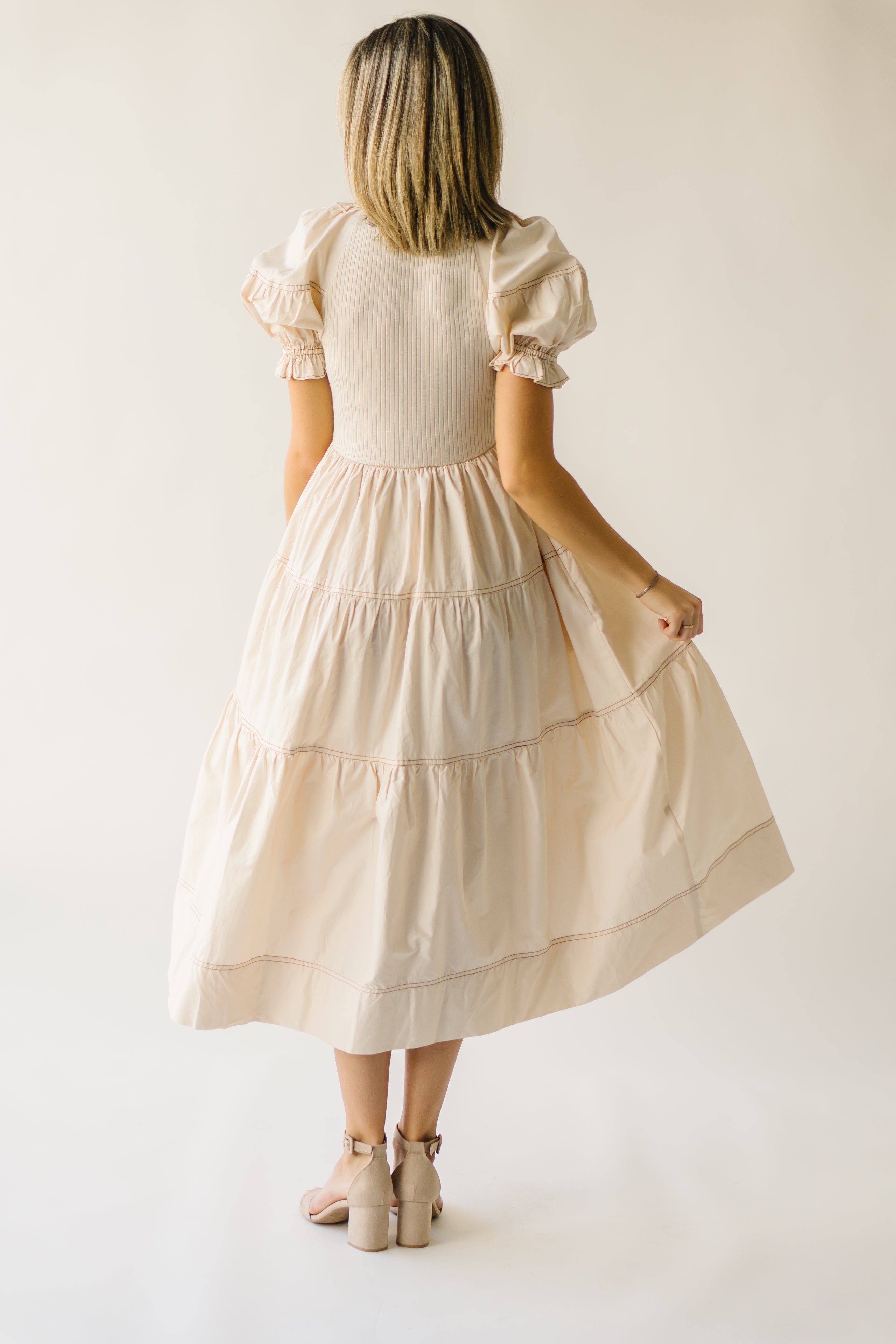 The Kora Tiered Ruffle Midi Dress in Natural