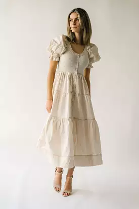 The Kora Tiered Ruffle Midi Dress in Natural