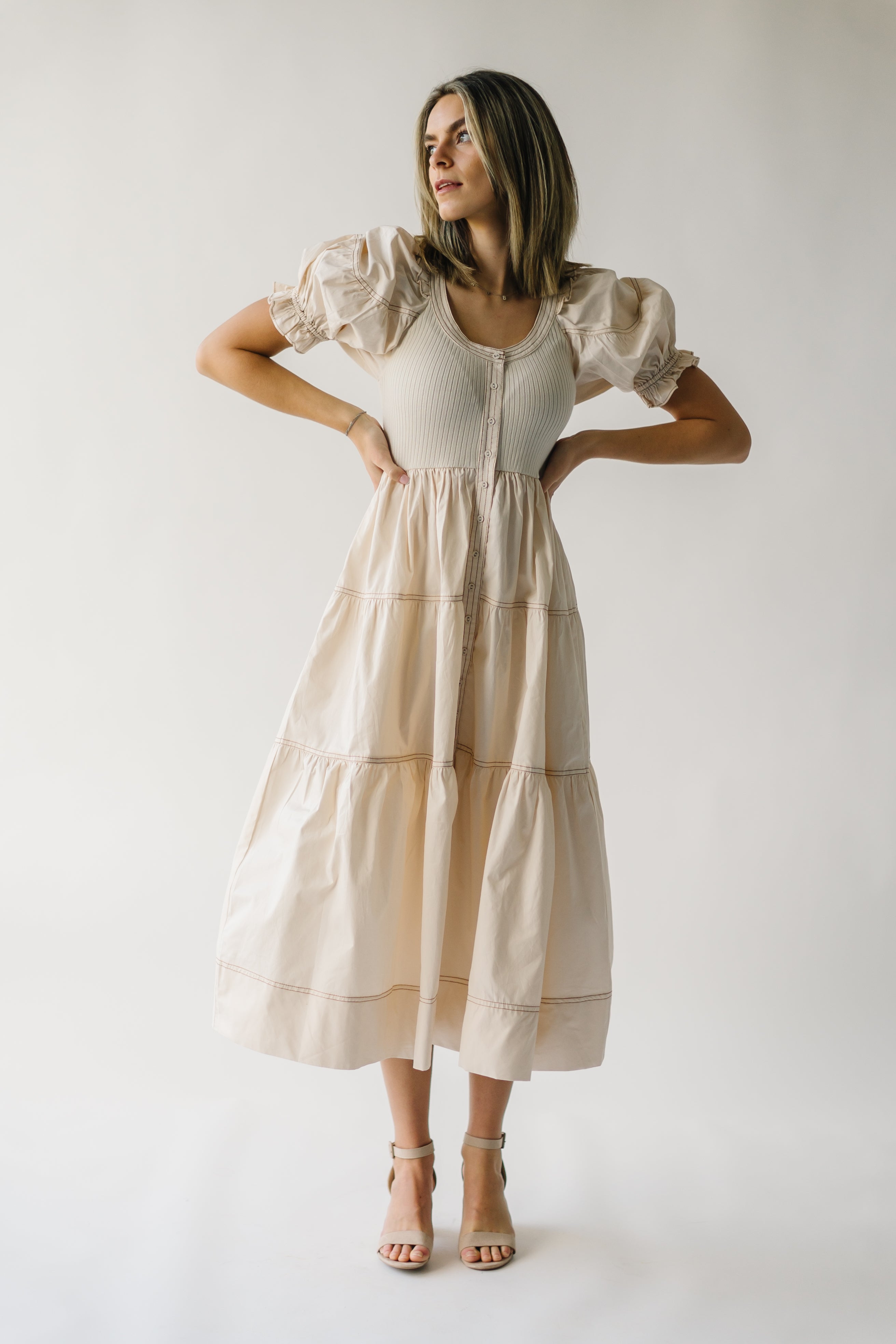 The Kora Tiered Ruffle Midi Dress in Natural