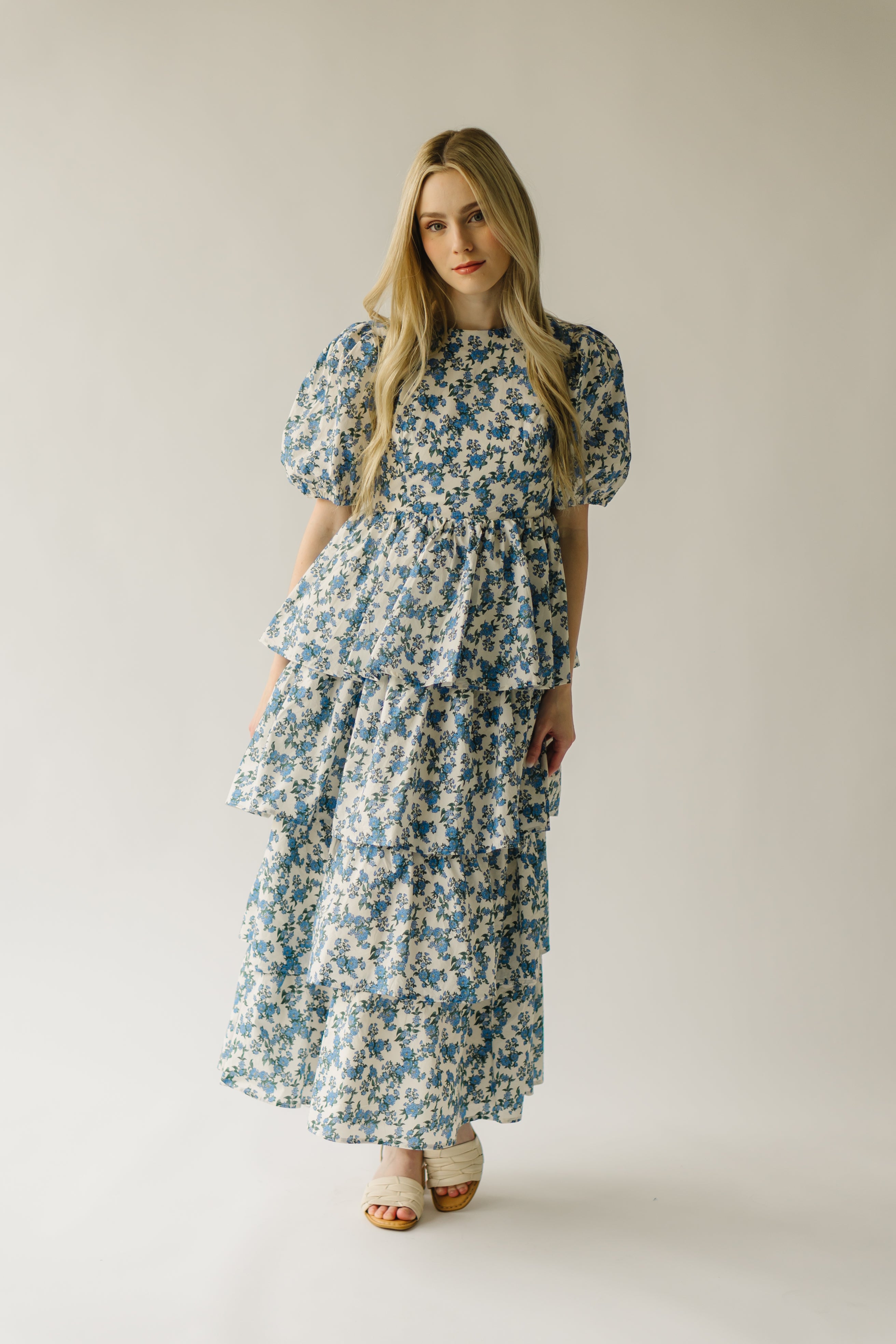 The Soulter Tiered Floral Midi Dress in Blue