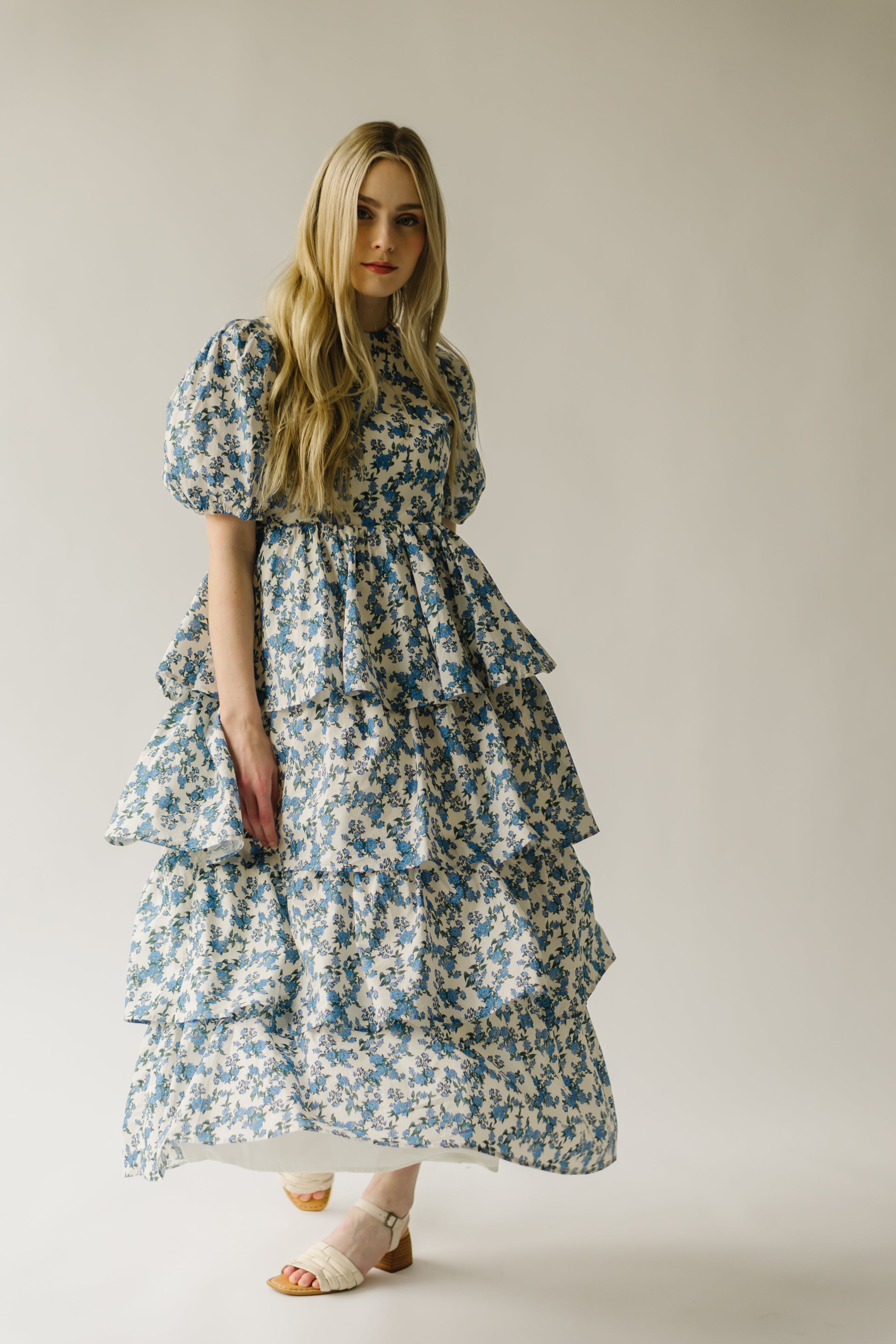 The Soulter Tiered Floral Midi Dress in Blue