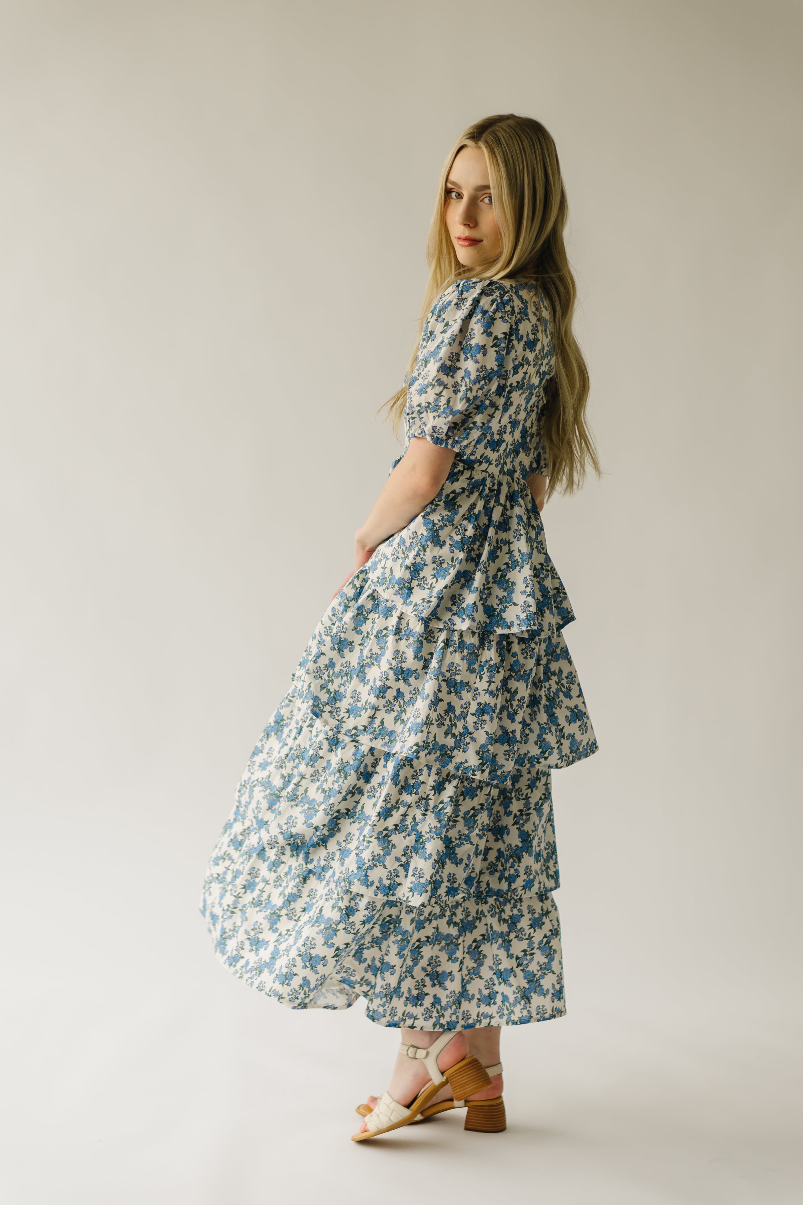 The Soulter Tiered Floral Midi Dress in Blue