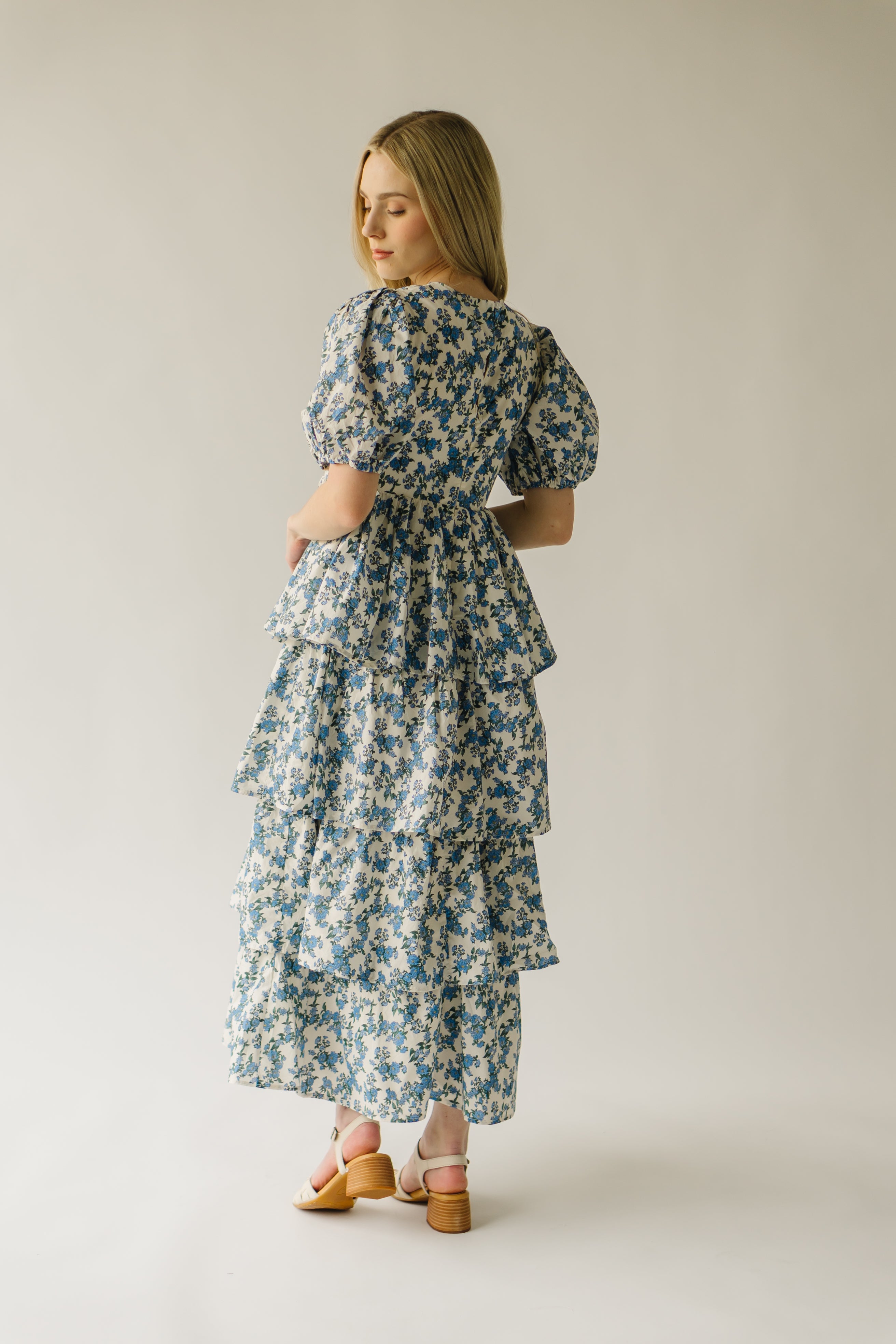 The Soulter Tiered Floral Midi Dress in Blue