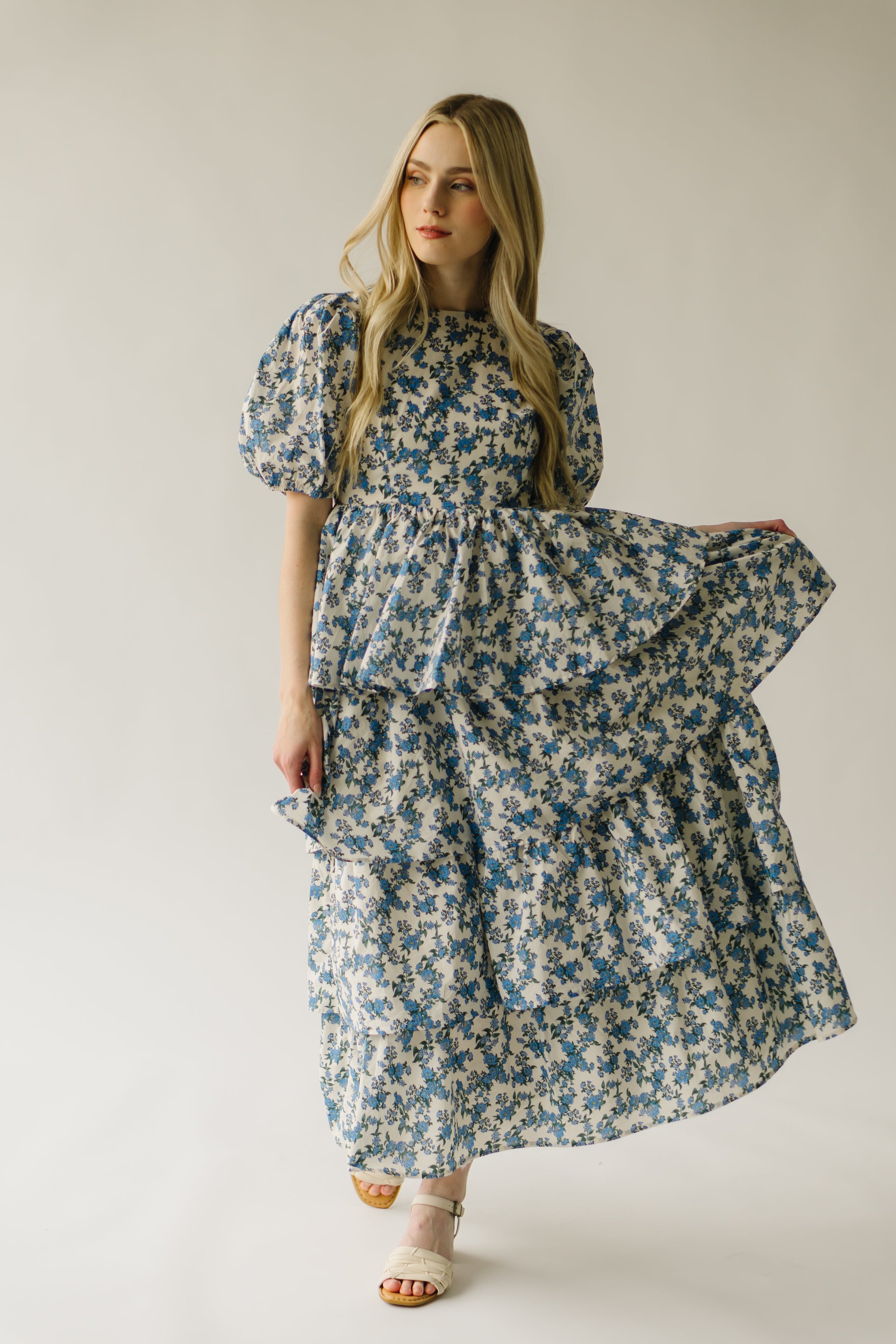 The Soulter Tiered Floral Midi Dress in Blue