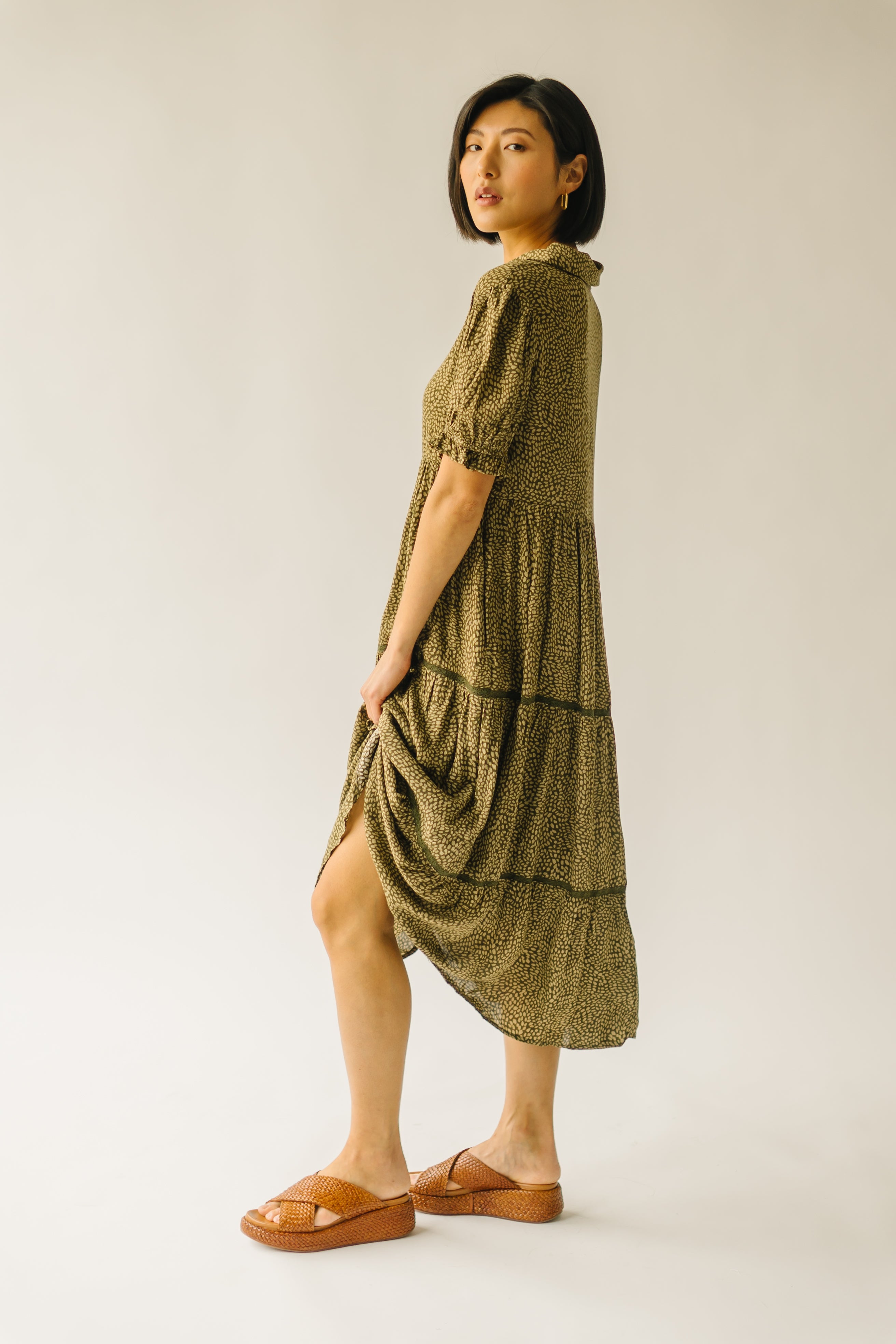 The Willden Tiered Midi Dress in Olive