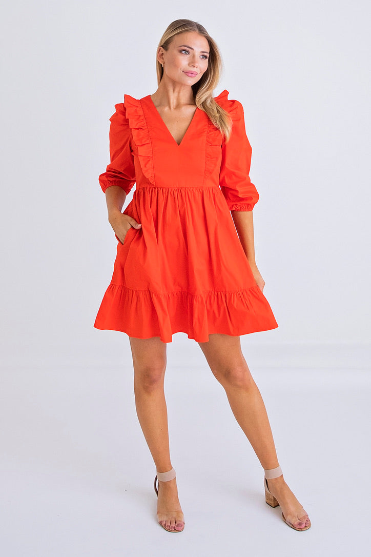 Tomato Poplin Ruffle Tier Dress