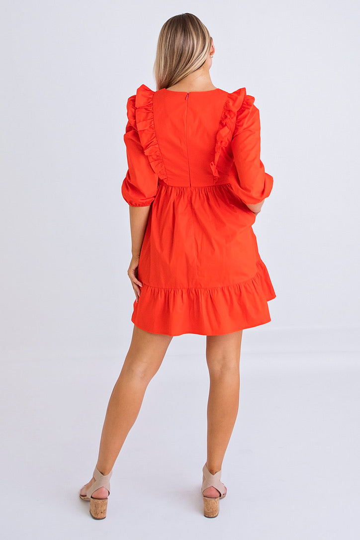 Tomato Poplin Ruffle Tier Dress