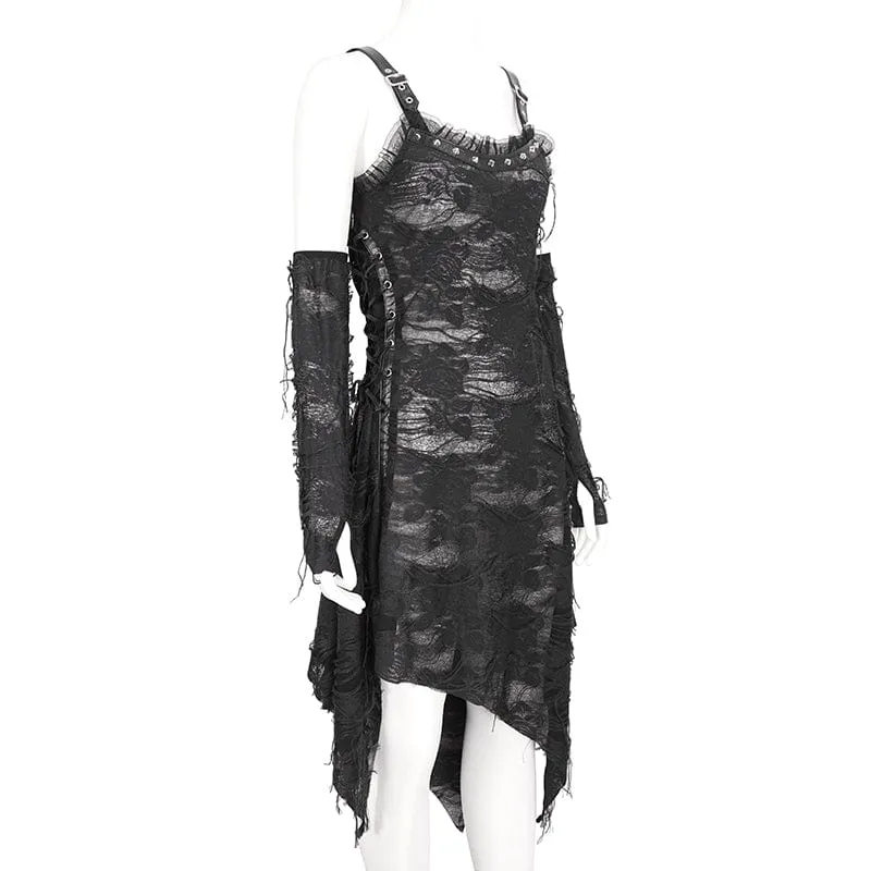 Women's Gothic Lace Ripped Hem Dress with Arm Sleeves