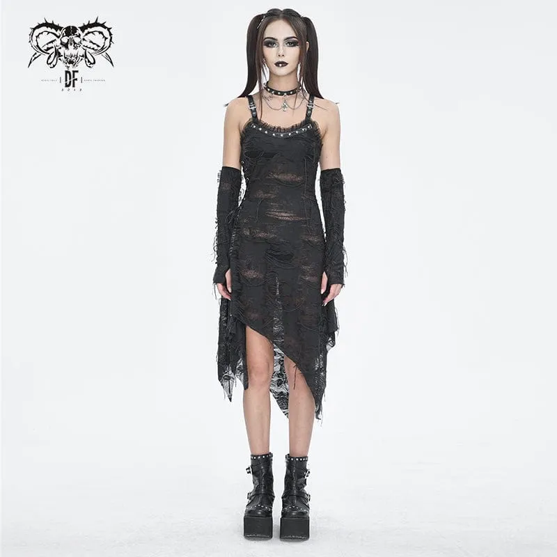 Women's Gothic Lace Ripped Hem Dress with Arm Sleeves