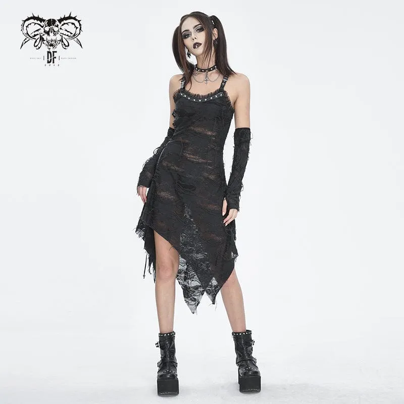 Women's Gothic Lace Ripped Hem Dress with Arm Sleeves