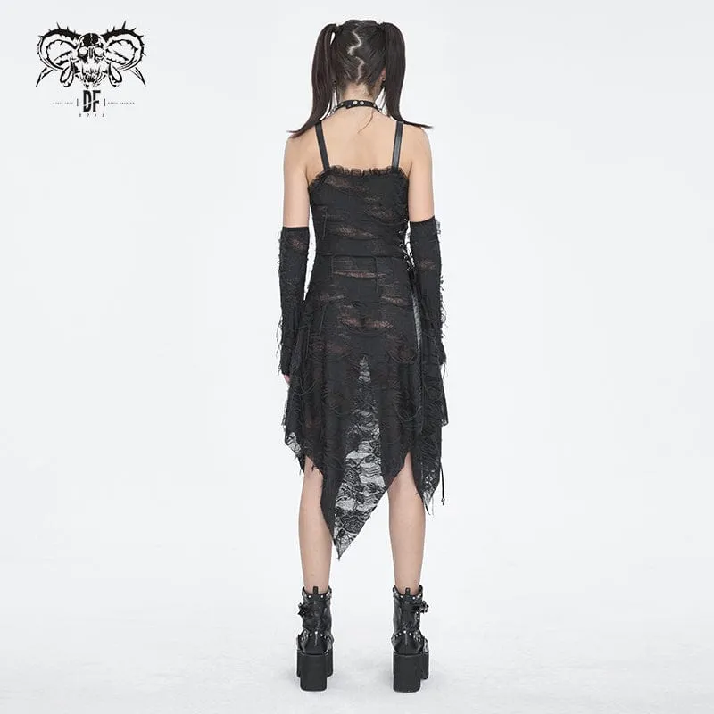 Women's Gothic Lace Ripped Hem Dress with Arm Sleeves