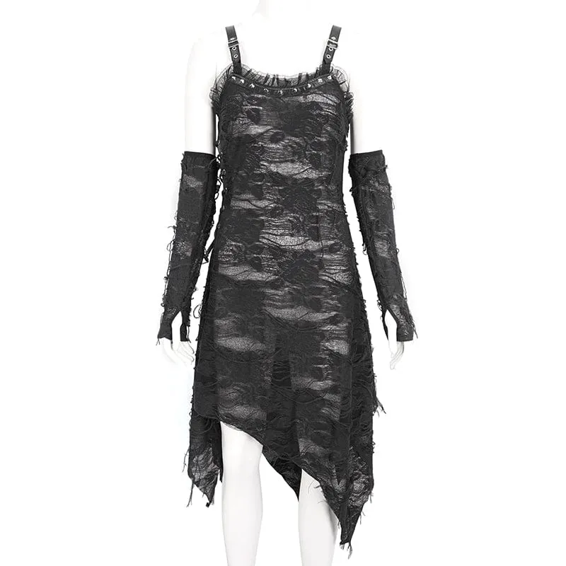 Women's Gothic Lace Ripped Hem Dress with Arm Sleeves